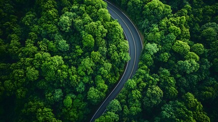 Aerial view of a road in the middle of the forest. 