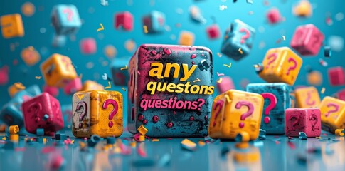 3D Illustration of Colorful Cubes with Question Marks and Any Questions Text on Blue Background