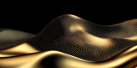 3D abstract curve speed line mountain wave road with glitter dot particles flowing, gold and silver glow shiny virtual space grid silhouette shiny web technology black background