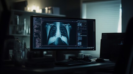Naklejka premium A dimly lit workspace featuring a computer displaying an X-ray image for medical analysis.