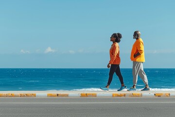 African American senior couple walking on a seaside promenade in sports attire under a clear blue sky