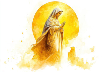 Yellow watercolor of Grace virgin Mary statue, religious design art