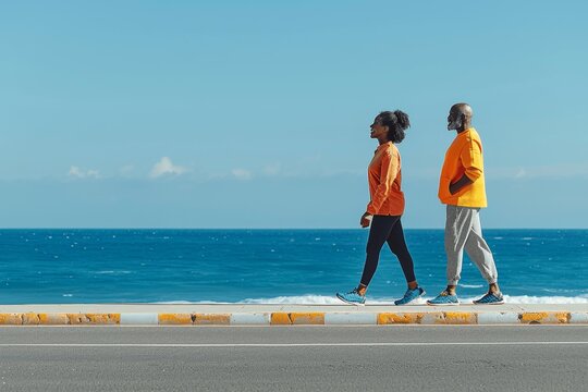 African American senior couple walking on a seaside promenade in sports attire under a clear blue sky - Powered by Adobe