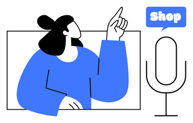 Person pointing upward, large microphone, and word Shop in speech bubble. Ideal for online shopping, e-commerce, digital communication, podcasts, advertising. Modern minimal flat design style