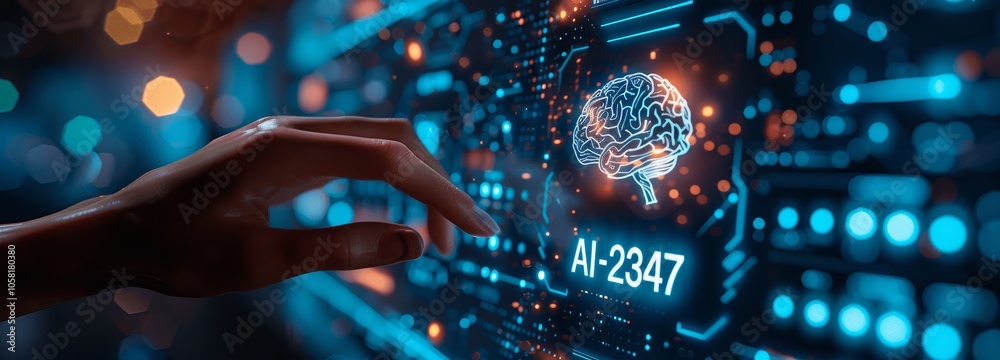 Aufkleber AI Machine Learning Digital Technology Hand Touches Virtual Screen Data Science Cloud Computing Software Development