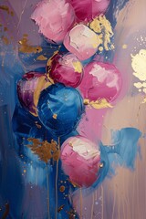 Abstract Painting in Pink Blue and Gold with Balloons and Bubbles Soft Brush Strokes Texture Oil...