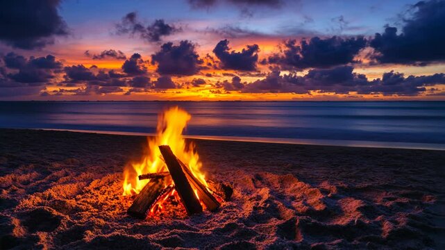 A bonfire burns brightly on a sandy beach as the sun sets over the ocean