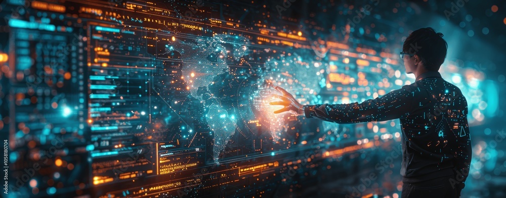 Aufkleber AI Machine Learning Data Science Concept Businessman Using Hologram Technology Virtual Screen Big Data Analysis Cyber Security