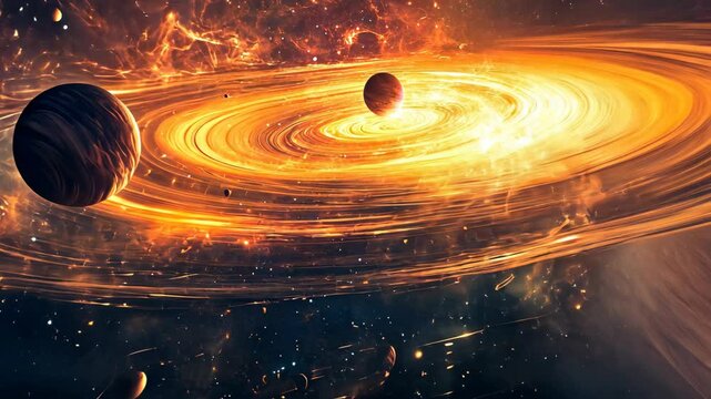 A vibrant orange and yellow nebula swirls around a bright center with multiple planets and stars scattered throughout the cosmos