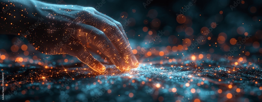 Poster virtual screen businessman with hologram technology and ai data on dark background