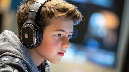 Focused teenage gamer with a headset, ready for an immersive experience in a digital world. Captures the essence of modern youth lifestyle, highlighting a tech-savvy teenager connected and engaged, 