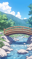 Serene Mountain River With Wooden Bridge - Tranquil Nature Scene