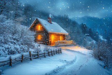 Cozy log cabin with warm lights glowing under falling snow set in a secluded forest evoking the serene charm and nostalgic warmth of a winter holiday retreat