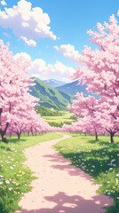 Fototapeta premium Serene Spring Landscape with Cherry Blossoms and Winding Path