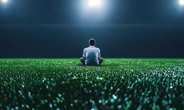 Solitary Athlete Sitting on Grass Field Under Stadium Lights at Night