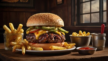 Classic American Cuisine - Juicy Burger, BBQ Ribs, and Crispy Fries with Rustic Diner Vibes