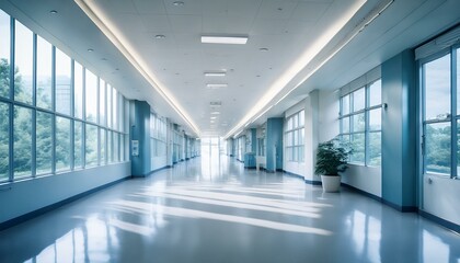 Naklejka premium A long, bright hallway with large windows and a gleaming floor. The hallway is modern and clean, with a minimalist design.