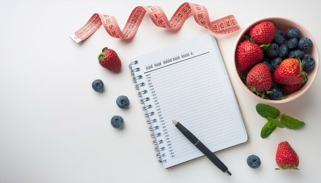 A notepad, pen, and bowl of fresh fruit. Planning a healthy diet.