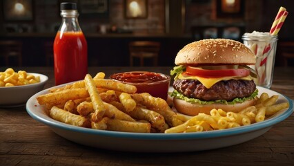 Classic American Cuisine - Juicy Burger, BBQ Ribs, and Crispy Fries with Rustic Diner Vibes