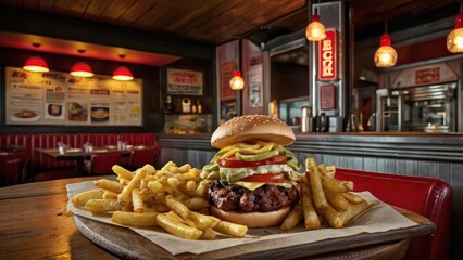 Classic American Cuisine - Juicy Burger, BBQ Ribs, and Crispy Fries with Rustic Diner Vibes
