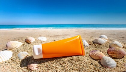 A tube of sunscreen lies on a sandy beach with seashells scattered around it, the ocean is in the background.
