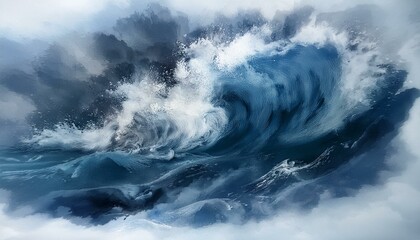 Obraz premium A powerful wave crashes in a dramatic display of nature's force, captured in a watercolor-like style.