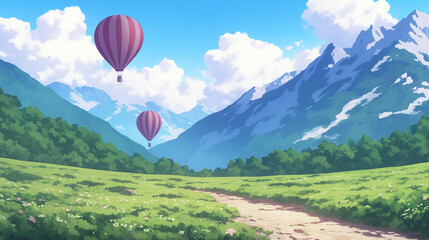 Naklejka premium Stunning Mountain Landscape with Hot Air Balloons