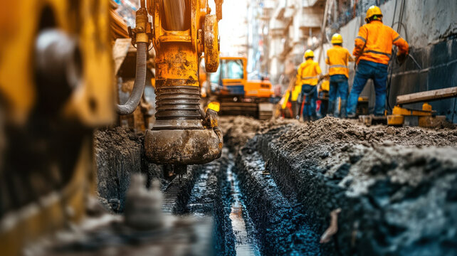 Construction workers operating heavy machinery on tunnel project, showcasing teamwork and dedication in busy urban environment