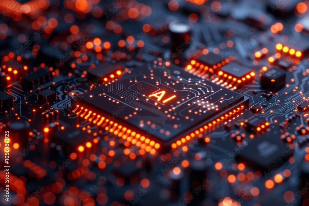 Aufkleber high-tech ai processor on circuit board with red and orange lighting, advanced motherboard technolog