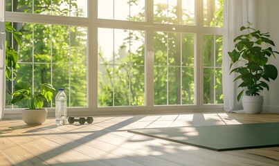 Fototapeta premium A serene indoor space with a yoga mat, plants, and sunlight streaming through large windows, promoting relaxation and wellness.