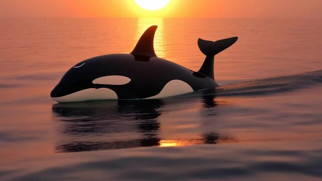An orca swims through the ocean as the sun sets in the distance, creating a beautiful and peaceful scene