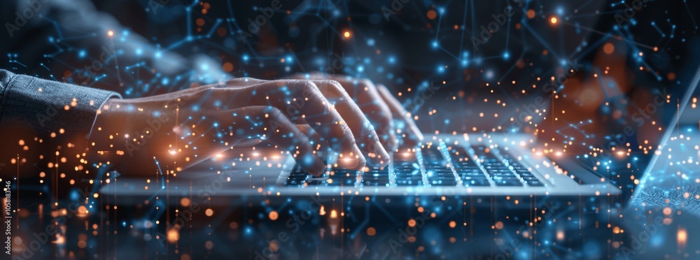 Poster digital technology background with glowing network connections businessman typing on laptop online w