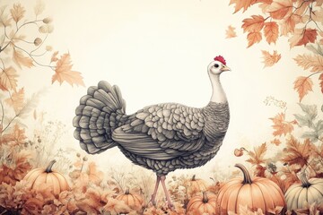Fototapeta premium A turkey stands amidst autumn leaves and pumpkins, capturing the essence of fall and Thanksgiving celebrations with a warm, rustic backdrop.
