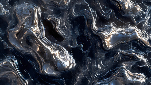 Dynamic liquid metal surface with intricate organic shapes. a dark and mysterious backdrop for imaginative designs. 3d rendered abstraction. Metallic Glaze. Illustration