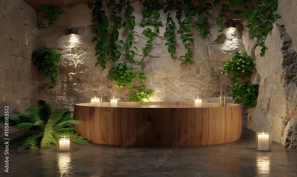 Poster a serene spa-like setting featuring a wooden hot tub surrounded by lush plants and soft candlelight,