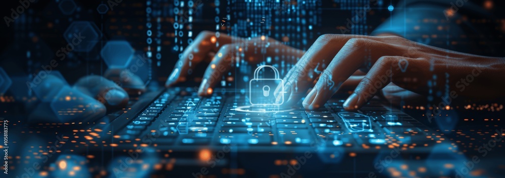 Poster Advanced Cyber Security System with Data Protection Digital Padlock and Technology Icons on Keyboard
