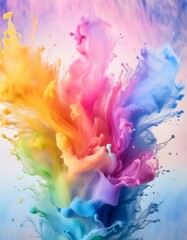 Abstract colorful paint splash in shades of blue, pink, yellow, green, and orange.