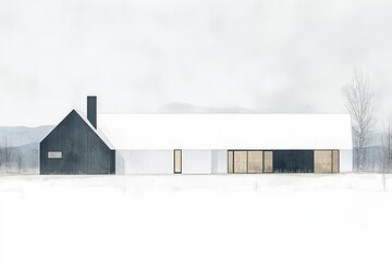 Contemporary black cabin with large windows in a winter forest showcasing a modern aesthetic while blending with the natural snowy surroundings