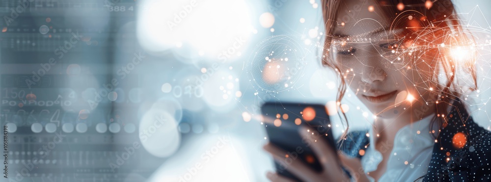 Poster Businesswoman Using Mobile Phone with Global Network Data Connection and AI Technology for Digital Marketing and E-commerce