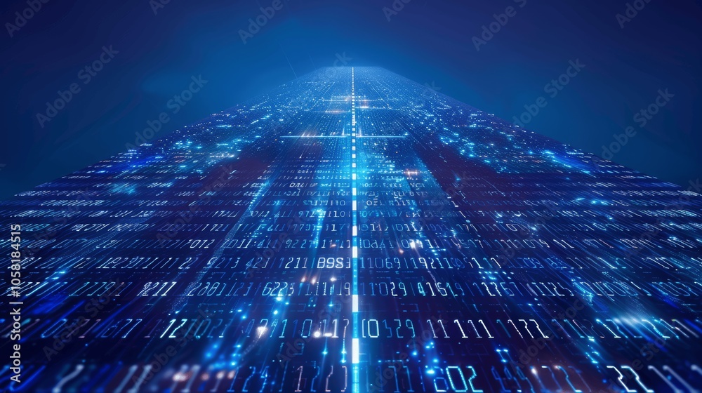 Poster AI Digital Skyscraper with Code on Indigo Background - Binary Data Highway and Digital Concept 3D Illustration