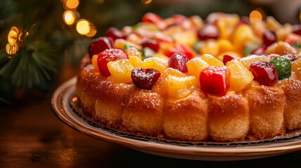 Traditional Rosca de Reyes, glistening sugar, vibrant candied fruits, festive lights creating warm holiday glow