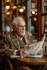 An elderly man reads a newspaper while sitting at a table. AI.