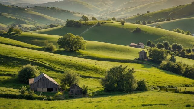 Rolling Countryside Hills: A panoramic view of lush green hills dotted with small farms, fences, and wildflowers. Soft, diffused sunlight gives a peaceful, idyllic feel to the scene.