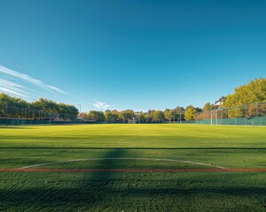 A green field with a blue sky above it. AI.