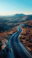 A winding road through a desert landscape. AI.