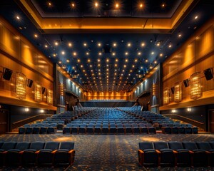 Empty theater seats with warm lighting. AI.