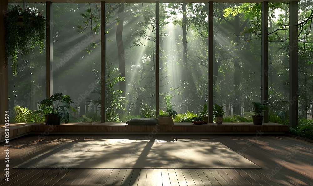 Poster A serene indoor space featuring large windows that invite natural light and showcase a lush forest environment, creating a tranquil and peaceful atmosphere.