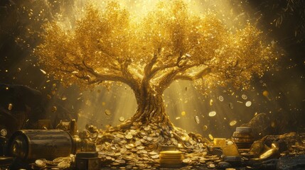 A golden tree surrounded by treasures, coins, and jewels