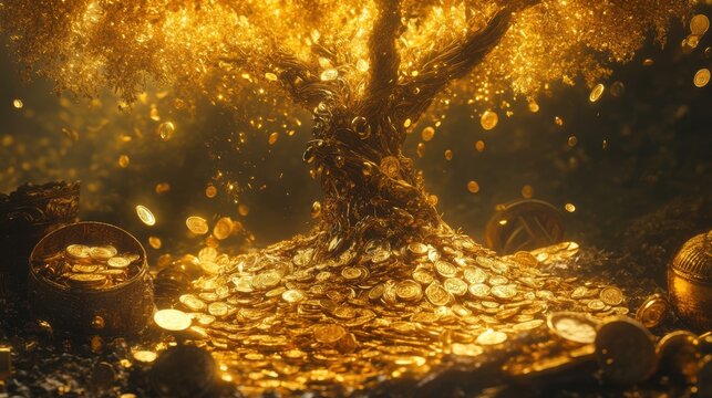 A golden tree surrounded by treasures, coins, and jewels