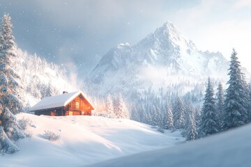 Fototapeta premium Snowy cabin in a vast open field with a mountainous backdrop soft morning light illuminating the snowy scene evoking solitude and calmness in a natural landscape